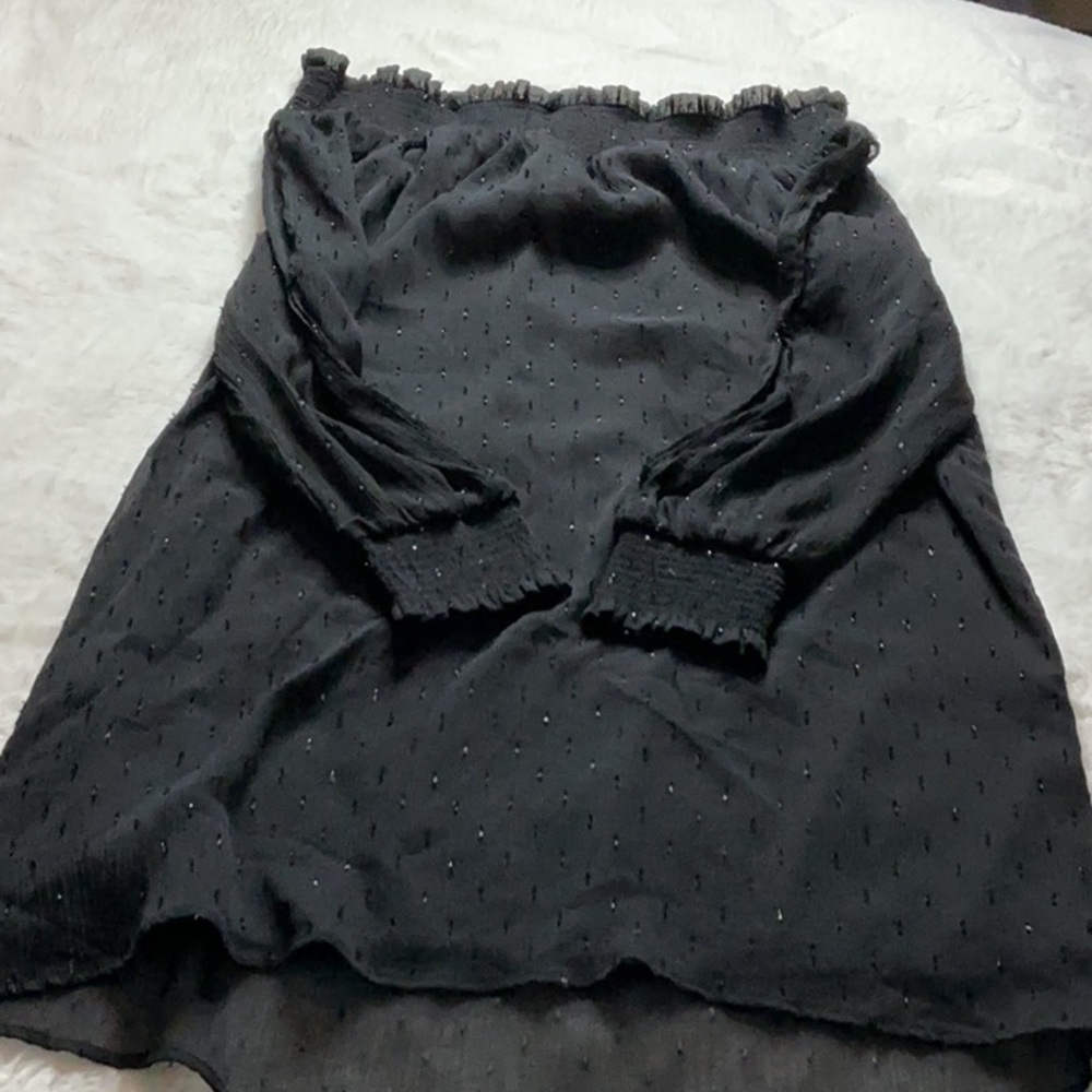 Zara Black Swiss Dot Off-the-Shoulder Blouse with Tassels - Picture 10 of 11